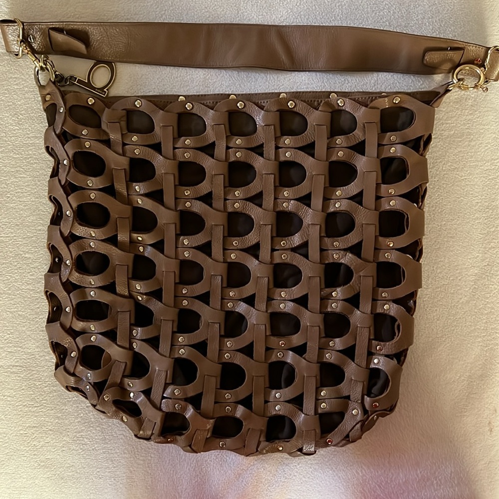 Beautiful Bebe Tan Brown Leather Studded Large Hobo Handbag. Used.